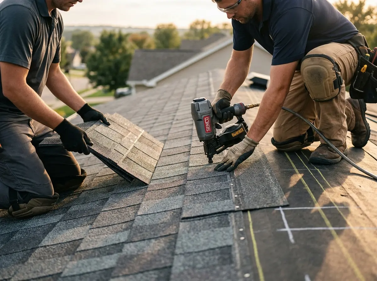 Professional roofer working on a residential roof in East Alton